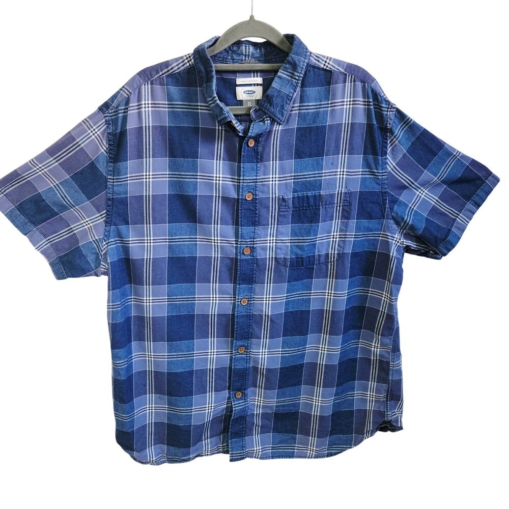 Old Navy Men's Short Sleeve Plaid Button Up Blue Slim Fit 100% Cotton Size XL